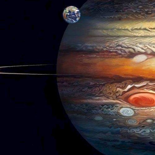 A digital illustration showing Jupiter with its Great Red Spot and a smaller Earth-like planet in space.