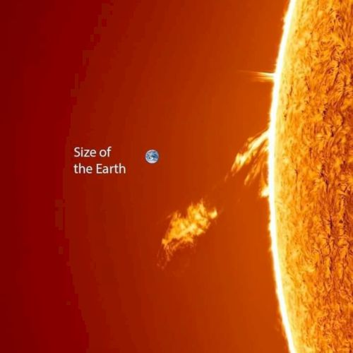 The image shows a comparison of the Sun's surface with a small Earth icon, illustrating the size difference between the Earth and the Sun.