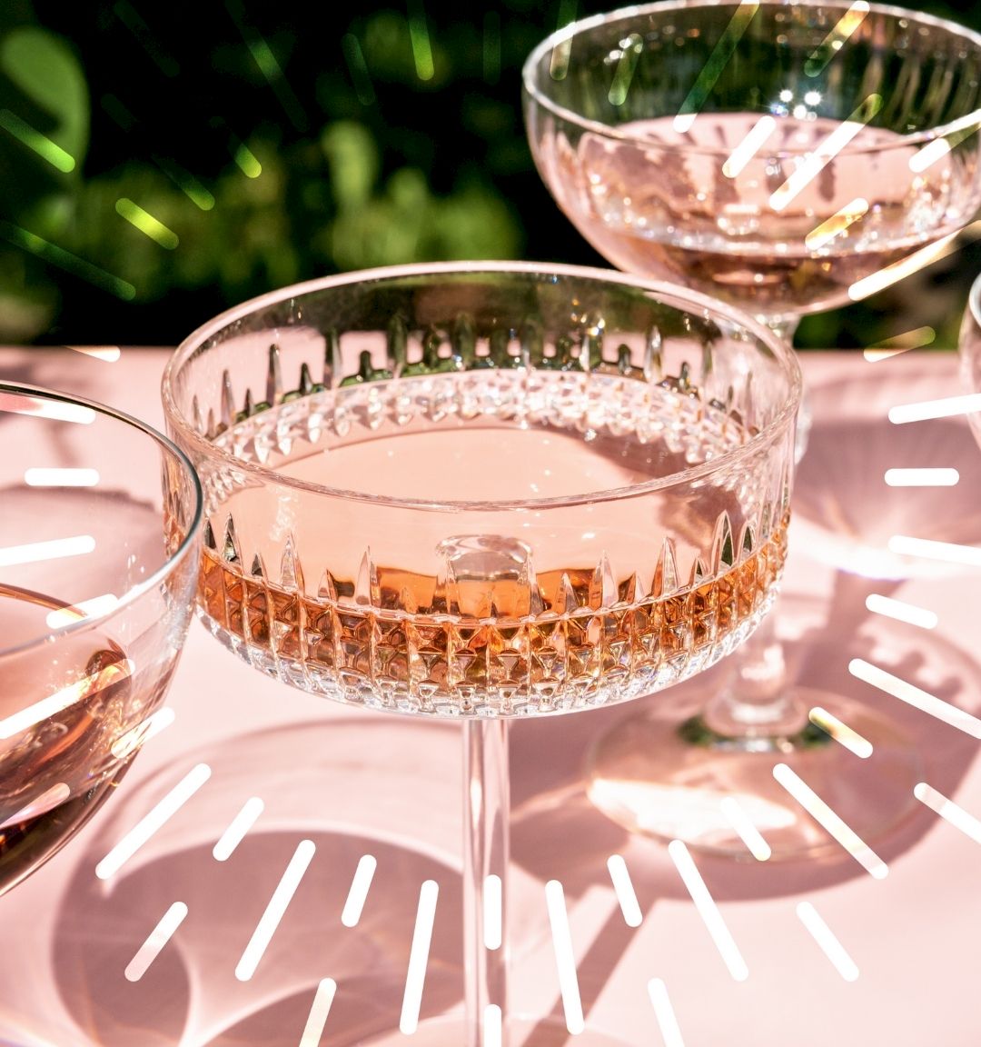 MOTHER&rsquo;S DAY BRUNCH BUFFET promo: sparkling glasses, pink-tinted drinks, elegant setting. OKANA event details and times included, looks chic.